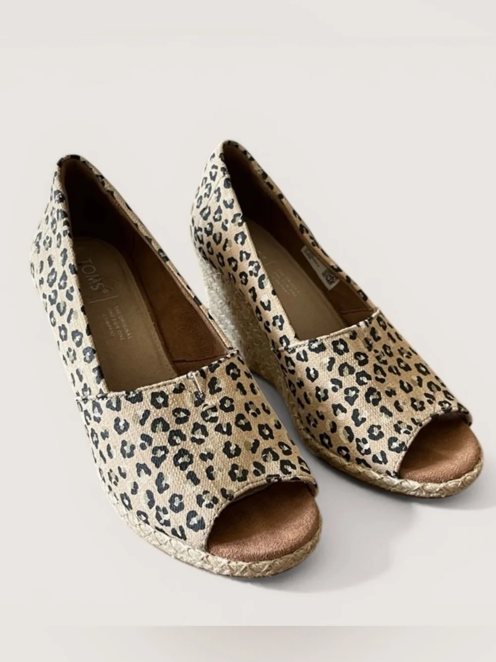 Toms Tan and Black Leopard Animal Print Wedge Peep Toe Sandals